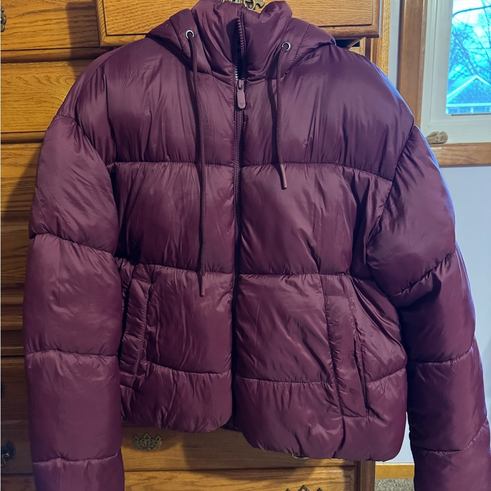 Burgundy Hooded Bomber Puffer Coat